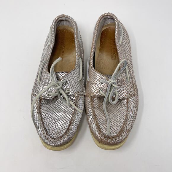 Sperry Top Sider Women 8.5 Silver Snakeprint Metallic Boat Shoe Sneakers Lace Up - Picture 3 of 11